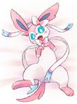  anus black_nose blue_eyes blush bow canine cotora eeveelution fur hair_bow looking_at_viewer lying mammal nintendo on_back open_mouth paws pink_fur plain_background pok&#233;mon pok&eacute;mon solo sylveon video_games white_background 