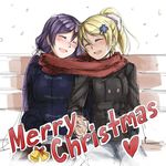  ^_^ ayase_eli bench blonde_hair blush brown_hair closed_eyes coat forehead-to-forehead hair_ornament hairclip happy heart holding_hands interlocked_fingers long_hair love_live! love_live!_school_idol_project merry_christmas multiple_girls pas_(paxiti) ponytail scarf shared_scarf sitting smile toujou_nozomi twintails yuri 