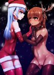  animal_ears antlers bdsm blue_eyes blue_hair blush bondage bound breasts brown_eyes brown_gloves brown_hair chain christmas clothed_female_nude_female collar elbow_gloves femdom gloves harigane_shinshi hat highres leash long_hair multiple_girls navel nipples nude original pussy red_gloves santa_costume santa_hat slave small_breasts snow standing thighhighs uncensored yuri 