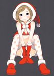  bad_id bad_pixiv_id blush boots bra brown_hair christmas elbow_gloves gloves hat looking_at_viewer mizutamako original polka_dot polka_dot_legwear purple_eyes red_gloves santa_costume santa_hat short_hair sitting skirt smile solo striped striped_bra underwear 