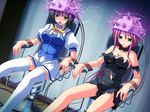  2girls bdsm black_hair blue_eyes bondage bound breasts female game_cg green_eyes mind_control multiple_girls open_mouth purple_hair saliva school_uniform sitting soushinjutsu_zero tongue tongue_out torn_clothes 