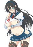 black_hair black_legwear blue_eyes blue_hairband blush breast_hold breasts glasses hairband hip_vent kantai_collection large_breasts long_hair navel oona_mitsutoshi ooyodo_(kantai_collection) simple_background skirt solo thighhighs underboob white_background 