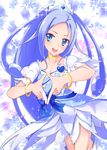  asymmetrical_clothes blue blue_dress blue_eyes blue_hair boots bracelet choker cure_diamond curly_hair dokidoki!_precure dress eyelashes hair_ornament half_updo happy heart highres hishikawa_rikka jewelry long_hair looking_at_viewer magical_girl open_mouth ponytail precure ribbon smile solo teketeke 