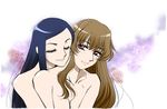  2girls bangs bare_shoulders blue_hair breasts brown_hair cleavage couple eyelashes eyes_closed female floral_background flower fujino_shizuru hug hug_from_behind kuga_natsuki light_smile lips long_hair multiple_girls mutual_yuri my-hime my-otome natsuki_kruger nude parted_bangs red_eyes sabachiyo_land shizuru_viola side_glance smile sunrise_(company) upper_body yuri 