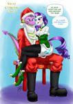  anthro anthrofied beard bell blue_eyes blush boots breasts butt cat_eyes chair christmas cleavage clothed clothing couple dialog dragon duo english_text equine eyeshadow facial_hair fangs female friendship_is_magic green_eyes hair hat holidays horn horse legwear makeup male mammal my_little_pony nail_polish necklace pia-sama pony purple_hair rarity_(mlp) santa santa_costume santa_hat scalie sitting slit_pupils spike_(mlp) stockings text unicorn 