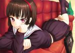  bad_id bad_pixiv_id bag brown_hair couch hand_on_own_cheek kneehighs lying no_shoes noririn on_stomach original parted_lips red_eyes school_bag school_briefcase school_uniform serafuku short_hair skirt solo 