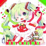  ahoge bad_id bad_pixiv_id bell boots cake chibi christmas christmas_tree earmuffs elbow_gloves food gift gloves green_eyes green_hair haru431 hatsune_miku long_hair merry_christmas mittens one_eye_closed open_mouth outstretched_arms red_gloves santa_costume snowman solo spread_arms twintails very_long_hair vocaloid 