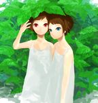  arm_up blue_eyes brown_hair bush dappled_sunlight dress leaf looking_at_viewer mitsui multiple_girls original parted_lips plant red_eyes short_hair siblings sisters sundress sunlight twins white_dress 