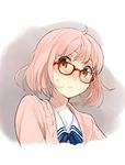  blush cardigan glasses kuriyama_mirai kyoukai_no_kanata pink_hair red-framed_eyewear sasamori_tomoe school_uniform serafuku short_hair solo sweatdrop upper_body wavy_mouth yellow_eyes 