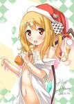  blonde_hair blush christmas cream flandre_scarlet hair_ribbon hat highres hira_(zlpabrams) long_hair looking_at_viewer naked_shirt navel off_shoulder open_clothes open_mouth red_eyes ribbon santa_hat sexually_suggestive shirt side_ponytail solo tears touhou wings 