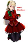  alternate_color bell black_legwear blonde_hair box capcom_fighting_jam capelet chin_rest christmas collar gift gift_box gloves hair_bell hair_ornament hairpods highres ingrid long_hair mary_janes merry_christmas pantyhose red_eyes shoes skirt solo tetsu_(kimuchi) white_gloves 