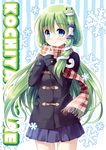  blue_eyes blush character_name frog_hair_ornament green_hair hair_ornament hair_tubes jacket kochiya_sanae long_hair miyase_mahiro plaid plaid_scarf scarf skirt smile snake_hair_ornament snowflakes solo touhou 