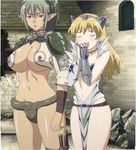  2girls animal armor blonde_hair bra breasts echidna elf elina eyes_closed green_hair highres hobby_japan large_breasts lost_worlds multiple_girls panties pointy_ears queen&#039;s_blade queen's_blade screencap smile snake standing underwear 