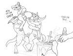  anthro balls cigar crestfallenartist dialogue english_text erection female food greyscale group horn kobold male male/female melee_weapon monochrome nude pussy smile spread_pussy spreading sword text vein weapon 