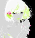  abstract bangs bob_cut color_contrast eyelashes fingernails grey_skin hand_on_own_arm inverted_colors lips looking_at_viewer mitsui multicolored multicolored_eyes nail_polish original pink_nails shirt short_hair sketch solo strap_slip two-tone_background white_hair white_shirt 