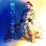  abs blood blood_splatter bodysuit bokusatsu_tenshi_dokuro-chan bulge christmas club elizabeth_(gintama) excalibolg gintama hat hayami_yuujirou highres male_focus muscle sack santa_hat solo spiked_club translated weapon webbed_feet 