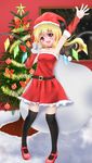  alternate_costume arm_up arm_warmers armpits bag bare_shoulders belt black_legwear blonde_hair bow choker christmas christmas_ornaments christmas_tree fang flandre_scarlet hat head_tilt highres indoors looking_at_viewer mary_janes open_hand open_mouth over-kneehighs pigeon-toed red_eyes santa_costume santa_hat shoes short_hair side_ponytail solo thighhighs tinsel touhou window wings ymd_(holudoun) zettai_ryouiki 