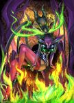  anthro cleavage clothed clothing dragon female fire green_eyes high_heels horn legwear maleficent scalie sleeping_beauty solo stockings y.a 