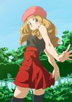  1girl bare_shoulders black_legwear black_thighhighs blonde_hair blouse blue_eyes blue_sky breasts brown_hair forest happy hat highres hips knees legs legwear long_hair miniskirt nature nintendo open_mouth outdoors pleated_skirt pokemon pokemon_(anime) pokemon_(game) pokemon_xy serena_(pokemon) shirt shoes short_hair skirt sky sleeveless sleeveless_shirt smile solo thighhighs thighs white_background wristband zettai_ryouiki 