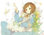  apron arm_up blush book bow brown_eyes brown_hair bug butterfly dress elli_(harvest_moon) flower flying harvest_moon insect long_dress long_sleeves lying on_back parted_lips puffy_sleeves short_hair sketch solo weee_(raemz) 