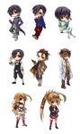  2boys ahoge alternate_costume alternate_hairstyle alvin_(tales) argent-ag bespectacled black_hair blazer blonde_hair boots brown_eyes brown_hair chibi choker cravat crossed_legs elbow_gloves formal full_body glasses gloves green_hair hair_ornament hairclip hand_on_hip hands_in_pockets highres jacket jude_mathis knee_boots kneehighs labcoat long_hair midriff milla_maxwell multicolored_hair multiple_boys multiple_persona necktie pants pen pink_legwear red_eyes school_uniform shirt shoes sitting skirt smile strapless suit tales_of_(series) tales_of_xillia taut_clothes taut_shirt tubetop two-tone_hair 