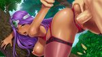  1girl against_tree anus areolae arm_grab ass ass_grab bent_over blush bouncing_breasts breasts brown_eyes clothed_female_nude_male dark_skin dragon_mahjongg_3 dragon_quest dragon_quest_iv forest from_behind garter_straps hanging_breasts highres huge_breasts legs lingerie long_hair looking_back manya nature nipples open_mouth outdoors panties panties_aside penis purple_hair pussy sex st.germain-sal sweat tears thighhighs thighs tree trees uncensored underwear vaginal 