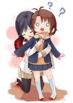  ? asahigaoka_school_uniform backpack bag black_hair black_legwear blazer brown_hair coat height_difference hug hug_from_behind ichijou_hotaru jacket kneehighs kneeling koshigaya_komari meso-meso mittens multiple_girls non_non_biyori o_o pantyhose randoseru scarf school_uniform shoes skirt sweatdrop sweater_vest uwabaki white_legwear yuri 