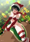  bikini black_eyes black_hair christmas elbow_gloves gloves hat highres kemuri_haku original red_gloves red_scarf reindeer riding saddle santa_hat scarf short_hair solo striped striped_legwear swimsuit thighhighs 