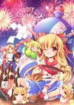  &gt;_&lt; =_= aerial_fireworks alternate_color ankle_socks bandages belt blonde_hair bottle breasts clenched_hand closed_eyes cup double_bun enjoy_mix fang fireworks gourd horn_ribbon horns hoshiguma_yuugi ibaraki_kasen ibuki_suika kijin_seija long_hair looking_at_viewer medium_breasts minigirl multicolored_hair multiple_girls night night_sky ofuda one_eye_closed open_mouth oversized_object peeking pink_hair pouring red_eyes ribbon sakazuki shirt short_sleeves sitting skirt sky sleeveless sleeveless_shirt tabard touhou very_long_hair wrist_cuffs 