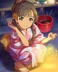  artist_request black_eyes black_hair fireworks flower hair_flower hair_ornament idolmaster idolmaster_cinderella_girls japanese_clothes kimono kobayakawa_sae long_hair obi official_art pink_kimono ponytail sash senkou_hanabi smile solo sparkler yukata 