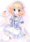  :d bad_id bad_pixiv_id blonde_hair blue_eyes breasts cake cleavage detached_collar dress food fruit hairband highres kimishima_ao lolita_hairband medium_breasts open_mouth original plate short_hair smile solo strawberry strawberry_shortcake thighhighs watch white_legwear wristwatch 