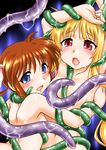  bdsm blonde_hair blue_eyes blush bondage bound bound_arms bound_wrists fate_testarossa hair_ribbon highres long_hair lyrical_nanoha mahou_shoujo_lyrical_nanoha multiple_girls nishi_kita nude open_mouth orange_hair red_eyes ribbon takamachi_nanoha tentacles twintails 