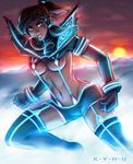  1girl angry black_hair blue_eyes boots boyshorts breasts brown_hair clenched_hand clenched_hands dark_skin elbow_gloves fist gloves glowing hair_tubes iahfy k-y-h-u kamui_(kill_la_kill) kill_la_kill korra legend_of_korra mountain navel neon_trim open_mouth parody payot sidelocks solo sunset suspenders teeth the_legend_of_korra thigh_boots thighhighs underboob 