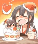  akagi_(kantai_collection) bad_id bad_twitter_id black_eyes blush brown_hair cake candle chibi closed_eyes drooling food fork fruit happy hat heart in_food kaga_(kantai_collection) kantai_collection long_hair minigirl multiple_girls open_mouth plate rebecca_(keinelove) santa_hat short_hair side_ponytail smile spoken_heart strawberry strawberry_shortcake sweat 