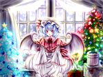  blue_hair box capelet christmas christmas_tree gift gift_box highres myouga_teien red_eyes remilia_scarlet short_hair solo touhou wide_sleeves 