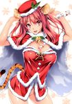  absurdres animal_ears arms_up bell blush bottomless breasts cape christmas cleavage hat highres jingle_bell kikurage_(plastic_people) large_breasts leaf long_hair open_mouth pink_eyes pink_hair santa_costume scan see-through smile snowflakes snowman solo sparkle tail tiger_ears tiger_tail 