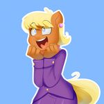  3mangos anthro anthrofied blonde_hair blue_background blue_eyes clothing colored equine excited female friendship_is_magic hair horse mammal ms_harshwhinny_(mlp) my_little_pony open_mouth plain_background pony solo 