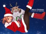  black_legwear blush boots brown_eyes brown_hair christmas gloves hat highres houjou_karen idolmaster idolmaster_cinderella_girls long_hair open_mouth pantyhose reindeer santa_costume santa_hat smile solo yuki_usagi_(mofurafu) 