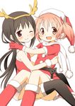  akemi_homura antlers bare_shoulders black_hair black_legwear boots christmas gloves hairband hat hug kaname_madoka long_hair looking_at_viewer mahou_shoujo_madoka_magica multiple_girls one_eye_closed open_mouth pink_eyes pink_hair purple_eyes red_gloves santa_costume santa_hat short_hair sleeveless smile thighhighs tsubaki_(tatajd) twintails 