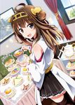  absurdres ahoge ayuya_naka_no_hito bare_shoulders brown_hair checkerboard_cookie cookie cup detached_sleeves double_bun dutch_angle food gochou_(atemonai_heya) hair_ornament hairband highres japanese_clothes kantai_collection kongou_(kantai_collection) long_hair macaron nontraditional_miko open_mouth pastry purple_eyes sandwich skirt solo sparkle tablecloth teacup teapot thighhighs tiered_tray window zettai_ryouiki 