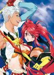  1girl :o blue_background bow_(weapon) choker gloves grey_eyes highres jako_(toyprn) long_hair loni_dunamis midriff nanaly_fletch red_eyes red_hair shirt smile tales_of_(series) tales_of_destiny_2 tan twintails weapon white_hair 