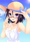  :d black_hair blouse blue_eyes blue_sky breasts cleavage day dress glasses hand_on_headwear hat heterochromia highres medium_breasts nishi_minami open_mouth original sky smile solo straw_hat sundress suterii upper_body 