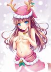  animal_ears antlers bell bell_collar belly blue_eyes blush breasts brown_hair christmas collar covering covering_breasts hat long_hair medium_breasts navel original reindeer_antlers reindeer_ears santa_costume santa_hat shimokirin solo topless 