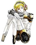  aegis_(persona) android blonde_hair hands_on_own_knees looking_at_viewer persona persona_3 short_hair sitting solo sutei_(giru) 