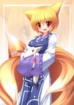  animal animal_ears animal_hug animalization blonde_hair fox fox_ears fox_tail hair_tubes hakurei_reimu hakurei_reimu_(fox) hands_in_opposite_sleeves highres hopeless_masquerade liya red_eyes short_hair tabard tail touhou wide_sleeves yakumo_ran zoom_layer 