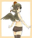  alternate_costume black_hair black_legwear blush contemporary cutoffs from_behind hat looking_at_viewer looking_back open_mouth pointy_ears red_eyes shameimaru_aya short_hair short_shorts shorts smile solo thighhighs tokin_hat touhou wings yudepii 