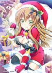  black_legwear box breasts brown_hair capelet christmas cleavage gift gift_box gloves green_eyes hat highres holly large_breasts long_hair nicola_(shinkai_no_valkyrie) official_art red_gloves sack santa_costume santa_hat shinkai_no_valkyrie solo thighhighs usaginezumi zettai_ryouiki 