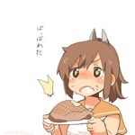  bad_id bad_twitter_id blush brown_eyes brown_hair fang food food_on_face fried_chicken i-401_(kantai_collection) kantai_collection lowres open_mouth plate ponytail rebecca_(keinelove) short_hair sweat translated 