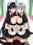  apron asymmetrical_docking black_hair black_legwear blurry blurry_background bow bowtie breast_press breasts cleavage cleavage_cutout depth_of_field from_side garter_straps hand_holding highres indoors interlocked_fingers kneeling large_breasts long_hair looking_at_viewer maid maid_headdress multiple_girls nail_polish original parted_lips prime sidelocks silver_hair smile thighhighs waist_apron wrist_cuffs yellow_eyes zettai_ryouiki 