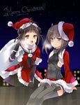  blush brown_eyes brown_hair christmas double_bun gloves hat kantai_collection multiple_girls naka_(kantai_collection) open_mouth santa_costume santa_hat short_hair smile taihou_(kantai_collection) thighhighs yukian 